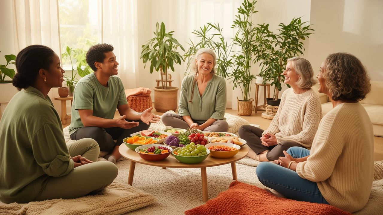 Cercle intergénérationnel autour d'un repas de fruits et légumes frais